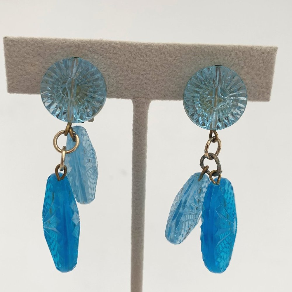 West German Dangle Clip On Blue Faceted Disc Earrings Vintage Boho Festival